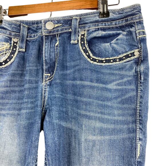 Classic Fit Vigoss Boot Cut Distress Jeans w Rhinestone Thick Embellish pockets - Picture 10 of 16